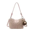 Pink plush shearling shoulder bag, fluffy crossbody handbag with cute sheep pendant for women - With Pendant / Pink