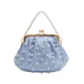 Elegant light blue embroidered pearl handle clutch bag, vintage gold clasp evening shell handbag. - Blue