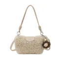 Beige fluffy shearling crossbody bag, cute plush pendant, soft faux fur shoulder handbag. - With Pendant / Khaki