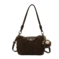 Brown shearling crossbody bag, furry shoulder handbag with cute sheep pendant for women. - With Pendant / Coffee