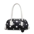 Black and white polka dot bowling bag, stylish leather handbag with top handles and strap. - Black