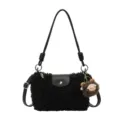 Black Sherpa Crossbody Bag With Cute Lamb Charm Autumn Winter Casual Shoulder Handbag - Black