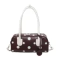 Fashion polka dot bowling bag for women, casual handbag and versatile shoulder bag. - Coffee Brown
