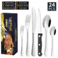 24Pcs Stainless Steel Flatware Set Cutlery Set with Steak Knife for Kitchen Dining - Silver 24-Piece Set