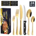 24-piece stainless steel flatware set, luxury gold silverware kitchen dining cutlery set - Gold 24-Piece Set