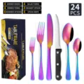 24-piece rainbow stainless steel flatware set including forks, knives, spoons, and steak knife. - Multicolor 24-Piece Set