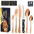 24-piece stainless steel silverware set in rose gold featuring elegant knives, forks and spoons. - Rose Gold 24-Piece Set