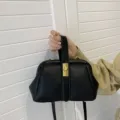 Stylish black litchi pattern kiss lock handbag top handle shoulder bag for women main view - Black