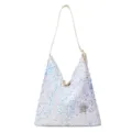 White sequin hobo shoulder bag for women, stylish sparkly underarm handbag with chic star patch. - White