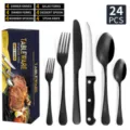 Vista dettagliata del set di posate nero in acciaio inossidabile da 24 pezzi con coltelli. - Set da 24 Pezzi Nero