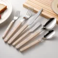 Stainless steel western tableware set, fork knife and spoon with beige handle, kitchen dining. - Dinner Knife / Cream