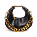 Women black mini crescent handbag chic patent leather retro crossbody bag golden chain handle - Black