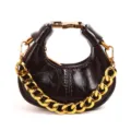 Chic dark brown patent leather crescent hobo bag with chunky gold chain for women. - Coffee Brown