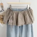 Korean retro plaid layered denim mini skirt, stylish fake two-piece short skirt for women. - One Size / Bottoms / Khaki Plaid