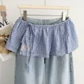 Korean vintage plaid layered denim wrap skirt waist tie fake two-piece short pants - One Size / Bottoms / Light Blue Check