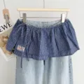 Korean vintage plaid lace-up layered denim skirt pants fake two-piece spring women trendy - One Size / Bottoms / Navy Plaid