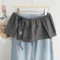 Korean vintage plaid lace-up layered denim skirt pants fake two-piece chic women short skirt - One Size / Bottoms / Black Plaid