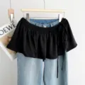 Denim pleated skirt extender fake two piece stylish women casual high waist trousers pants new - One Size / Black