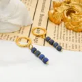 Vintage gold lapis lazuli cube beaded drop earrings unique retro chic jewelry piece for women - Blue