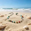 Bohemian style colorful beaded bracelet detail shot on sandy beach with ocean background close up - Beading