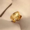 Minimalist stainless steel open ring for women, gold-plated wide band hammered jewelry. - Ring