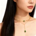 Elegant 18k gold plated double layer stainless steel necklace with green agate pendants. - Necklace / Gold