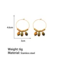 French vintage natural tiger eye stone hoop earrings stainless steel gold plated jewelry - Earrings