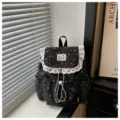 Sac a dos noir avec motif etoiles pour filles decontracte cartable mignon avec volants en dentelle - Noir