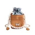 Fashion chic niche bucket bag for women with pearl chain and denim drawstring design. - Brown