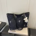 Dark blue glitter butterfly print tote bag with small pouch and bear charm for women. - With Pendant / Blue