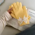 Close-up of yellow knitted gloves featuring a white lace bow, pearl, and rhinestone detail. - Rhinestone Bowknot Full Finger Style / Bright yellow
