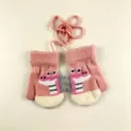Cute kids winter knit mittens with anti-lost string and 3d cartoon dinosaur design warm pink - Dinosaur Color Blocking Style (KL-035) / 1 Pair/Pack / Pink