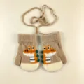 Cute cartoon dinosaur knit mittens with string for kids, warm fleece lined winter gloves. - Dinosaur Color Blocking Style (KL-035) / 1 Pair/Pack / Khaki