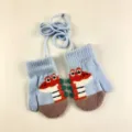 Kids winter knitted gloves, light blue cute dinosaur cartoon pattern with anti-loss string warm. - Dinosaur Color Blocking Style (KL-035) / 1 Pair/Pack / Blue