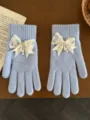 Elegant light blue knitted gloves featuring a delicate white lace bow, pearls, and rhinestones. - Rhinestone Bowknot Full Finger Style / Blue