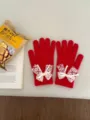 Red knitted gloves with delicate white lace bows, stylish winter warm five-finger gloves for women. - Lace Bowknot Full Finger Style / Red