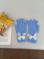 French pearl lace bow knitted gloves for women, winter warm five-finger thermal gloves. - Lace Bowknot Full Finger Style / Blue
