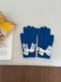 Blue knitted gloves for women featuring elegant white lace and ribbon bow details. - Lace Bowknot Full Finger Style / Dark Blue