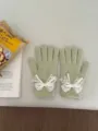 Green knit gloves for women featuring cute white lace bows, stylish and warm autumn wear. - Lace Bowknot Full Finger Style / Light Green
