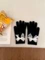 Pearl lace bow knit gloves for women, warm winter five-finger gloves in black. - Lace Bowknot Full Finger Style / Black