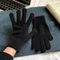 Classic black knitted five-finger gloves for women, warm and cozy winter cold-weather daily wear accessories. - Rabbit Fur Look Solid Full Finger Style / Black