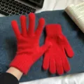 Red knitted five-finger gloves for women, warm winter soft plush thermal gloves for daily wear. - Rabbit Fur Look Solid Full Finger Style / Red