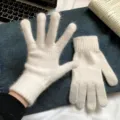 Women fluffy knit five-finger gloves winter warm soft cozy casual solid color winter mitts - Rabbit Fur Look Solid Full Finger Style / White