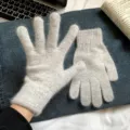 Light grey fuzzy knit five-finger gloves for women, cozy winter warm knitted gloves. - Rabbit Fur Look Solid Full Finger Style / Light Gray
