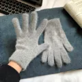Women grey fluffy knit gloves winter warm soft cozy five finger gloves cold weather daily wear - Rabbit Fur Look Solid Full Finger Style / Dark Gray