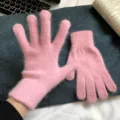 Pink fuzzy knitted gloves for women, warm winter five-finger touch screen gloves for daily wear. - Rabbit Fur Look Solid Full Finger Style / Pink