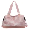 Pink geometric print travel duffel bag with double top handles and shoulder strap main view - Pink
