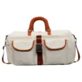 Borsa da viaggio casual in tela con finiture marroni, tasche multiple e tracolla. - Bianco avorio
