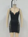 Abito mini bodycon con spalline giuntate in pizzo nero vestito sexy con cinturini da festa - Taglia S / Vestiti / Nero