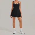 Women's contrast color backless tennis dress athletic pleated sportswear with shorts - S / Dresses / Black